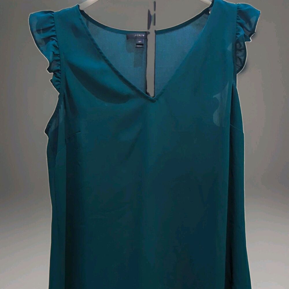 J.CREW Women’sForest Green Chiffon Sleeveless V-Neck Ruffle Blouse Size 6 Tall